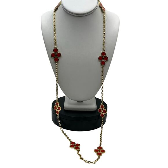 Tory Burch Kira Clover Necklace in gold-tone with red enamel or resin accents - Picture 2 of 12